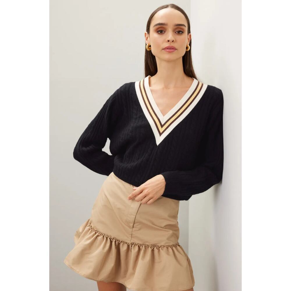 Sandro Alizia Navy V-Neck Black Knit Wool Sweater